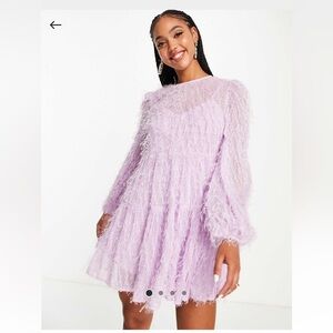Lilac purple knee length fluffy long sleeve dress